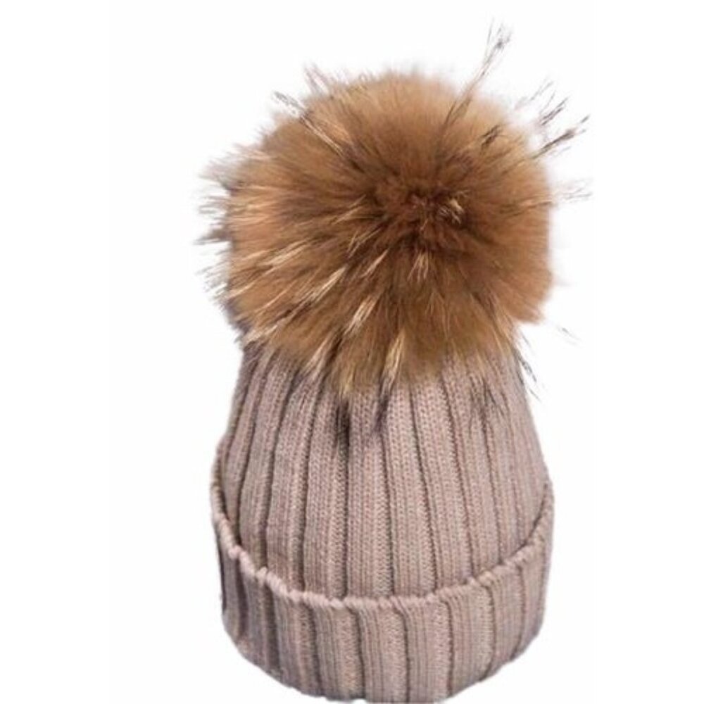 Winter‎ Womens Stretch Knit Beanie Hat Faux Fur Pom Pom Beige Warm Ribbed Fold